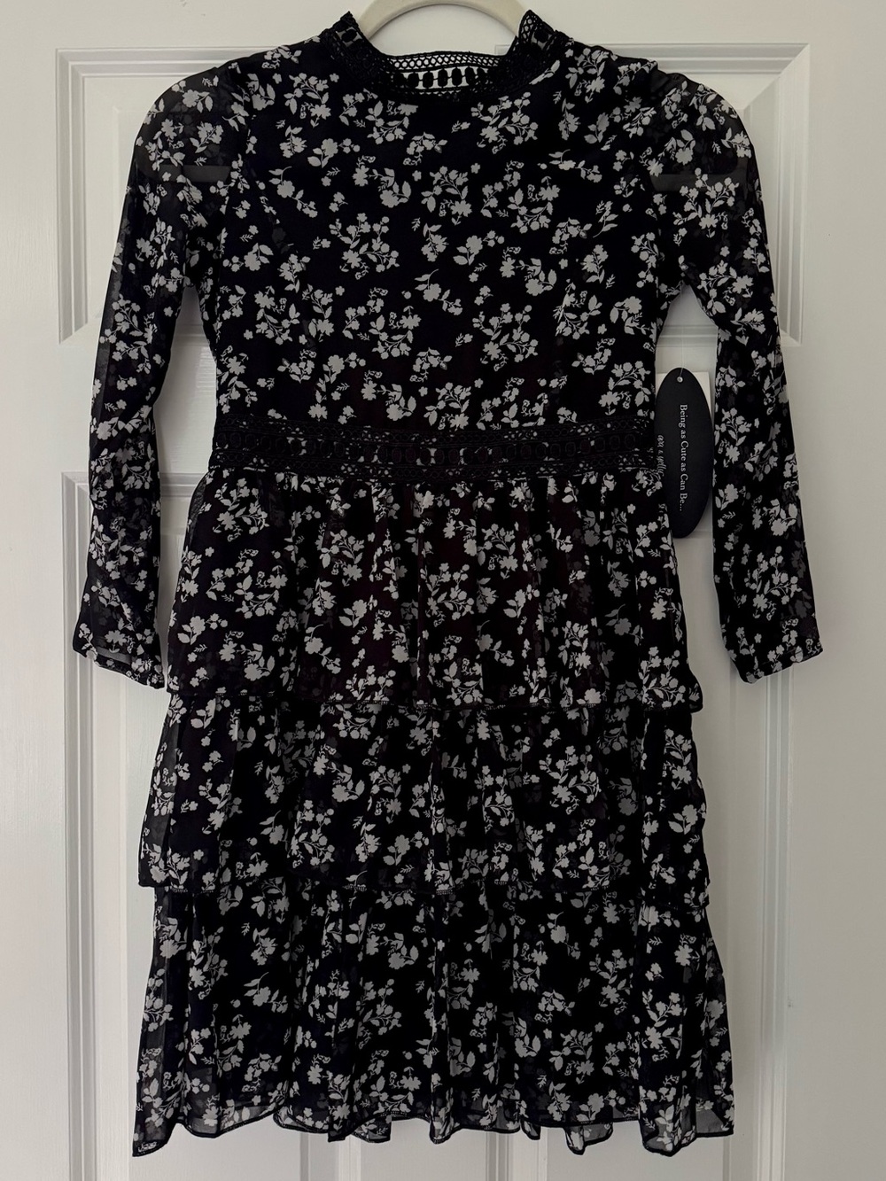 NWT Girls Black Floral Tiered Long-Sleeve Dress